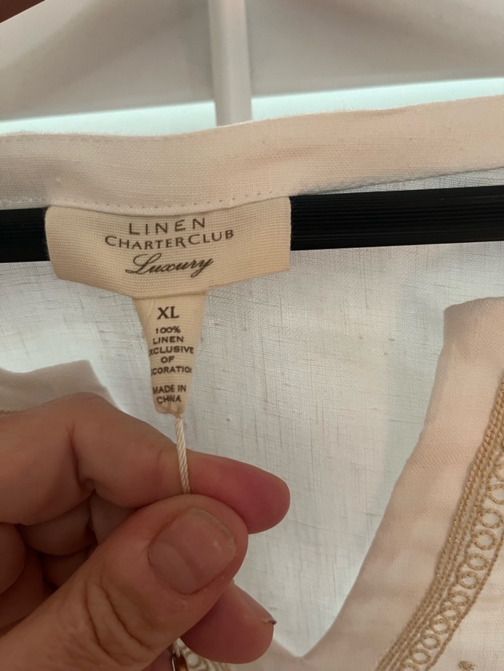 Charter Club White Linen Top with Tan Embroidered Floral Design - Picture 3 of 9